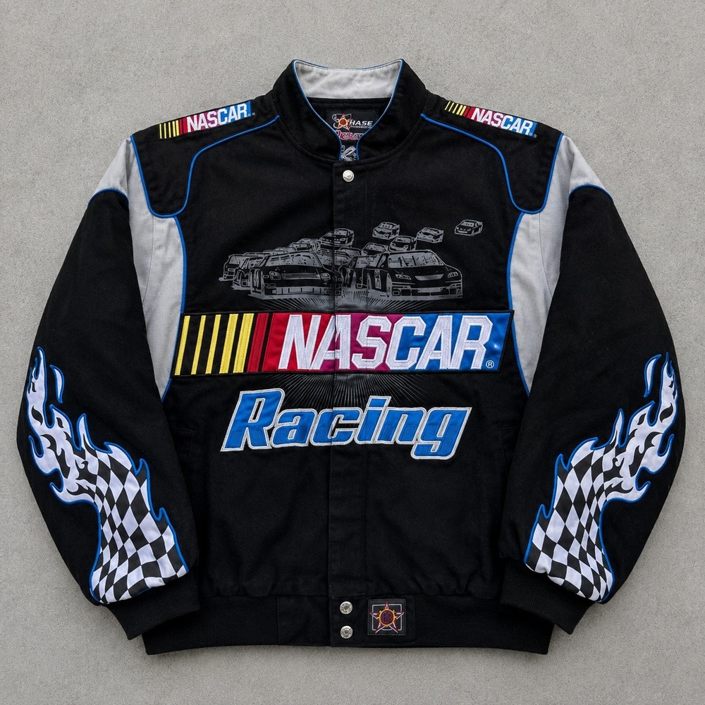 JH Design NASCAR Racing Jacket Mens Large Black Cotton Twill Embroidered Flames